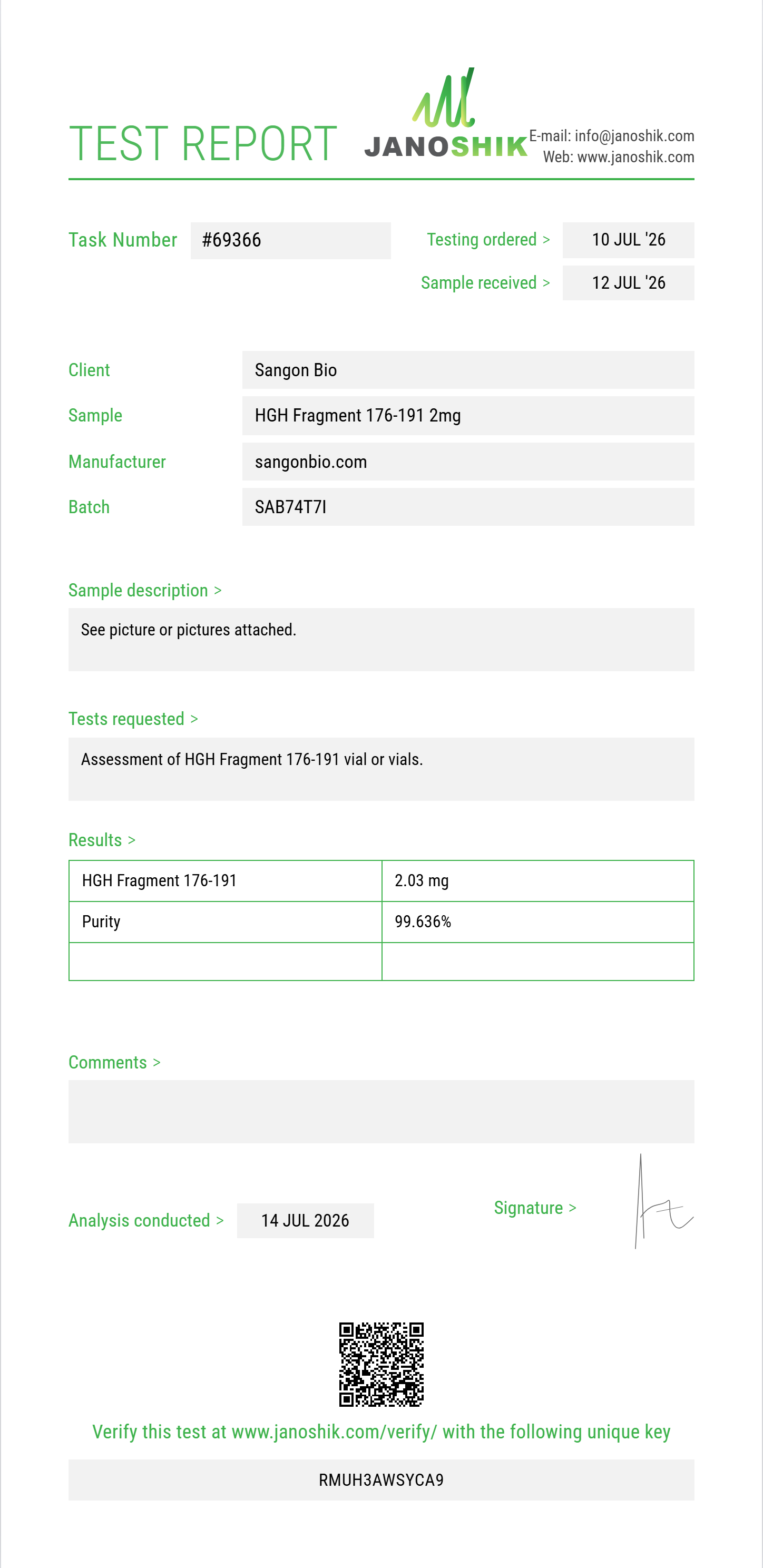 HGH Fragment 176-191 Purity (HPLC) report by Janoshik Analytical