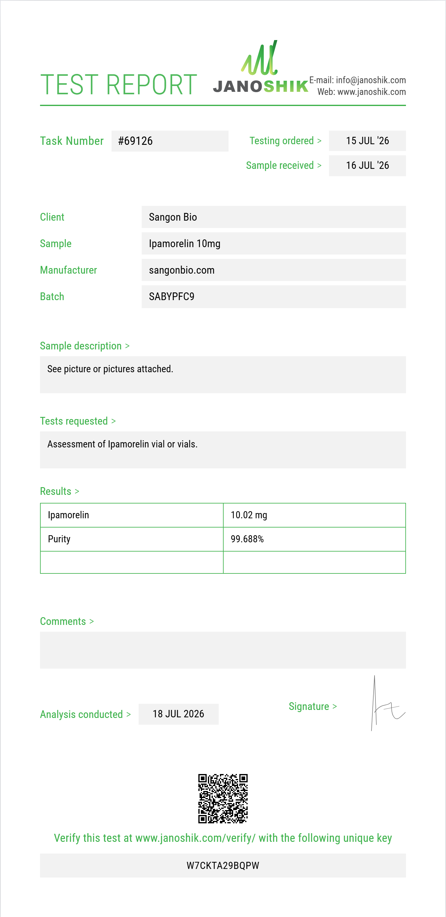 Ipamorelin Purity (HPLC) report by Janoshik Analytical