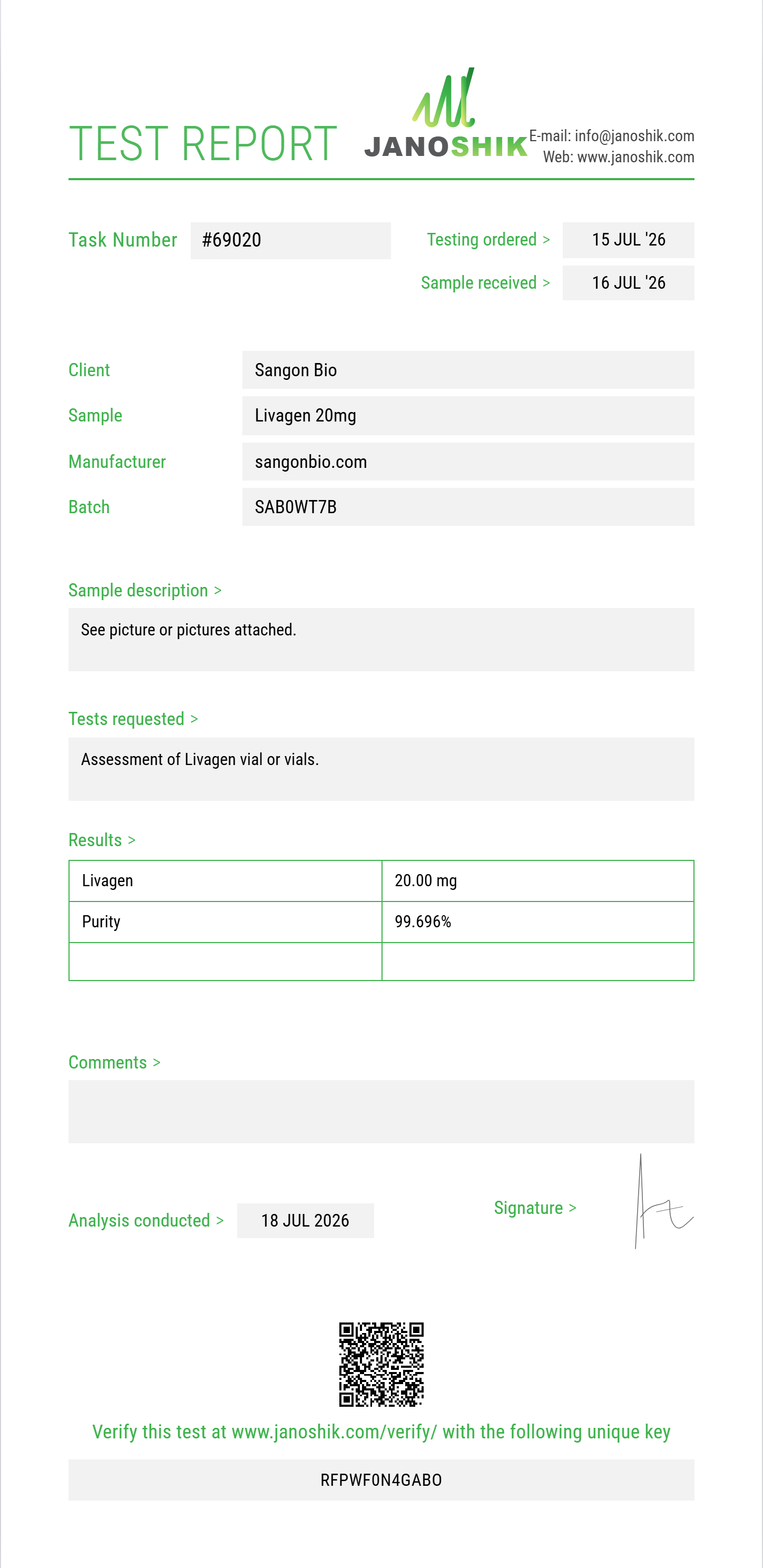 Livagen Purity (HPLC) report by Janoshik Analytical