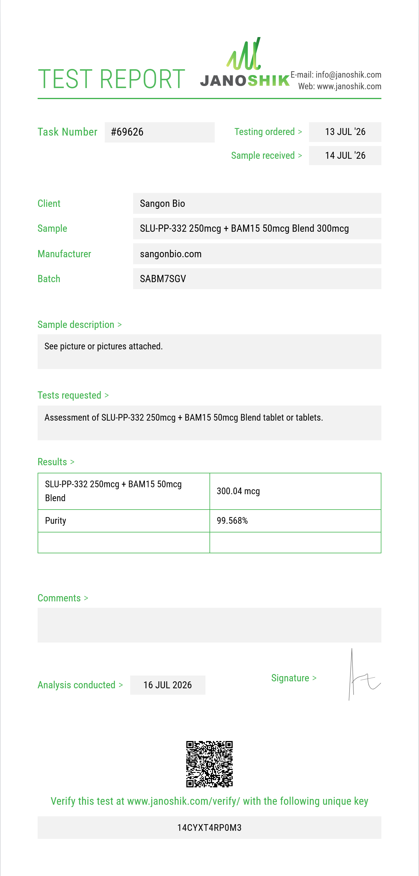 SLU-PP-332 250mcg + BAM15 50mcg Blend Purity (HPLC) report by Janoshik Analytical