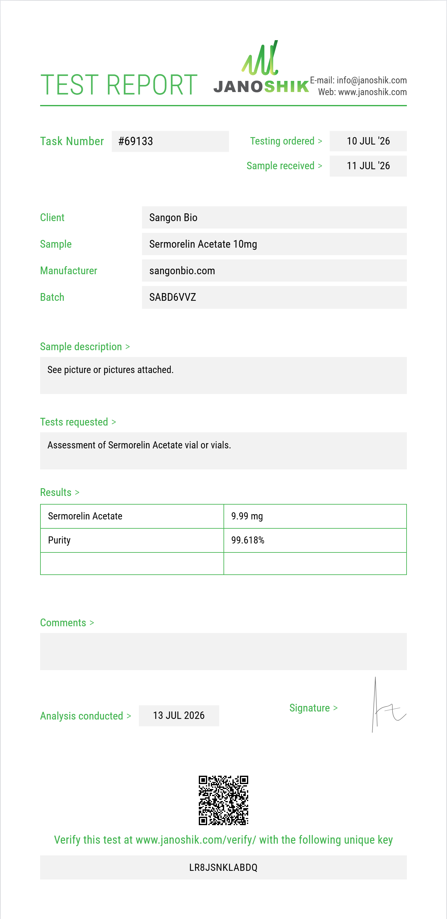 Sermorelin Acetate Purity (HPLC) report by Janoshik Analytical