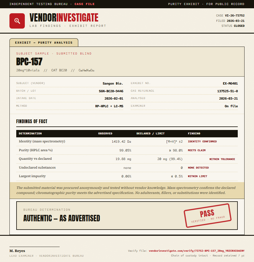 BPC157 10mg + TB500 10mg Blend Purity (HPLC) report by VendorInvestigate